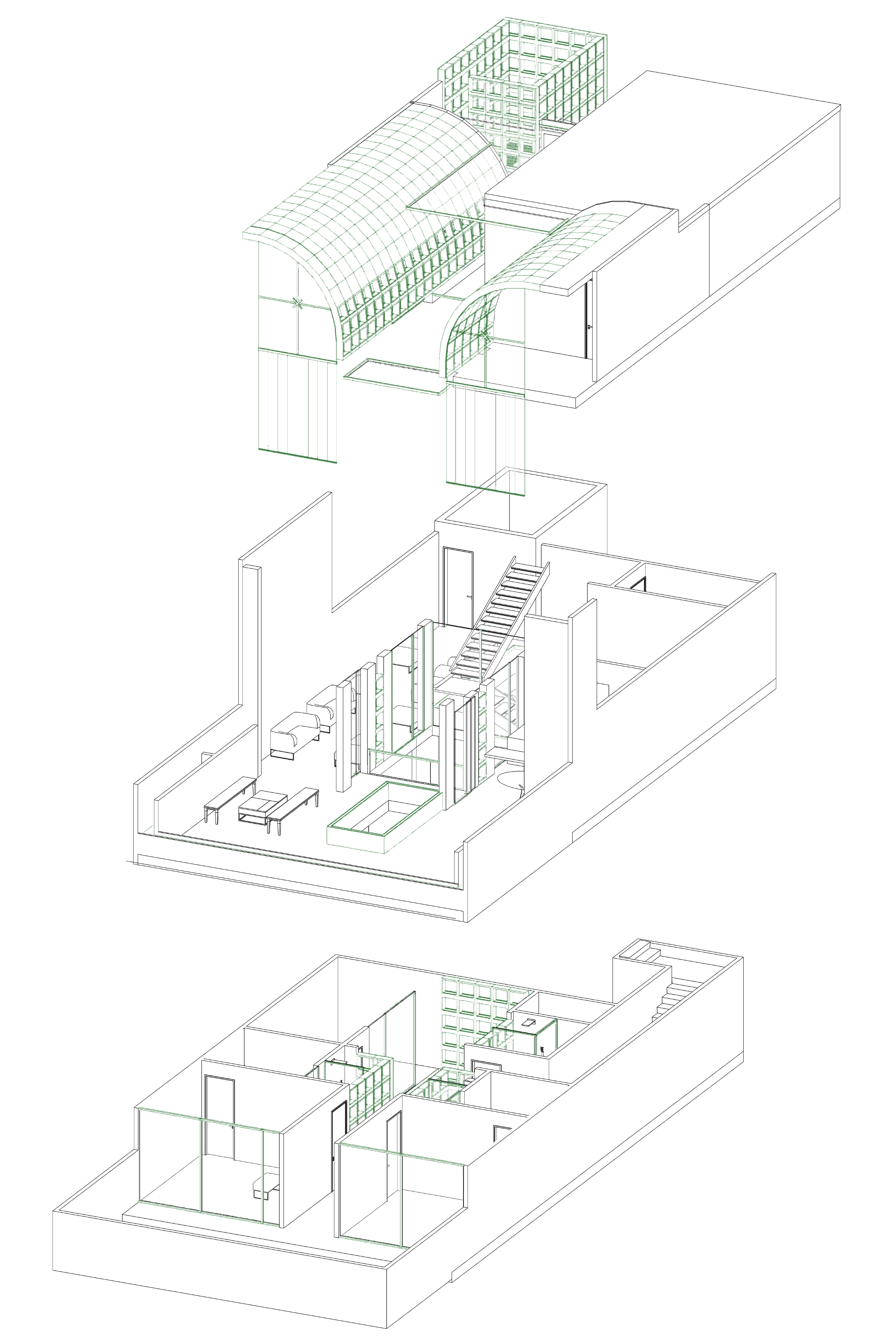 Isométrico de ventilación — los módulos de huerto recorren la casa
