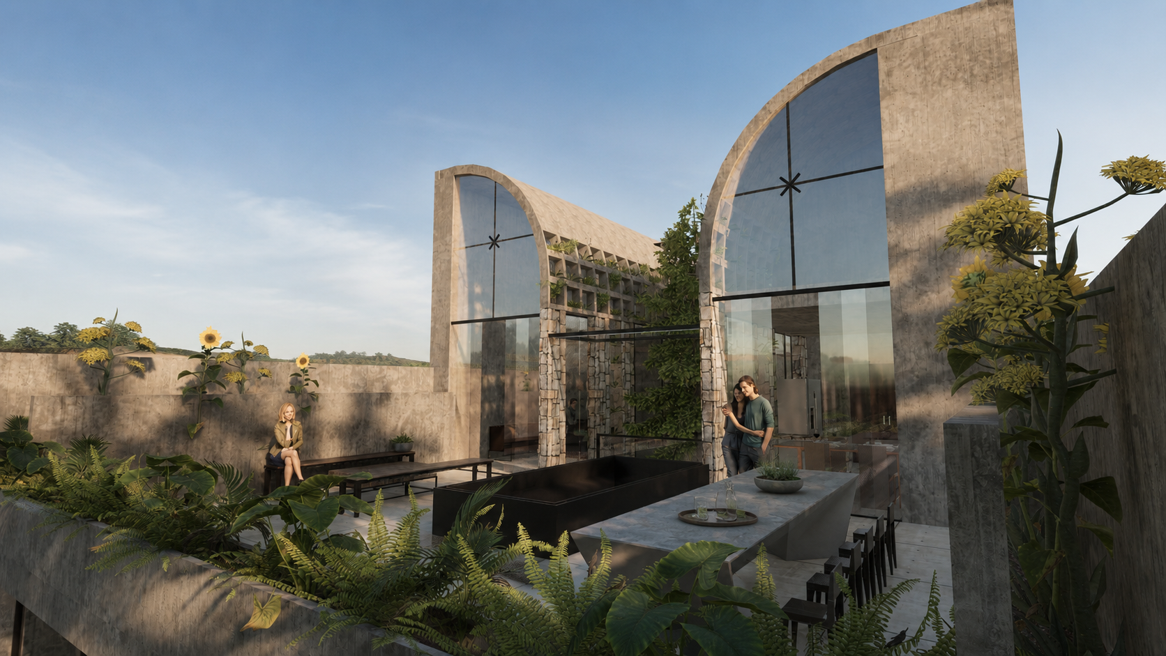 Terraza Nivel -1 · comedor exterior entre naturaleza