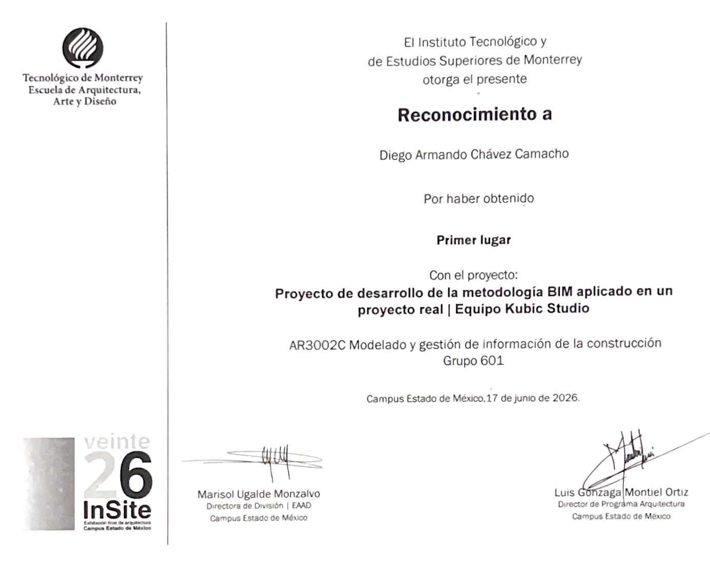Diploma — Primer lugar · Proyectos BIM