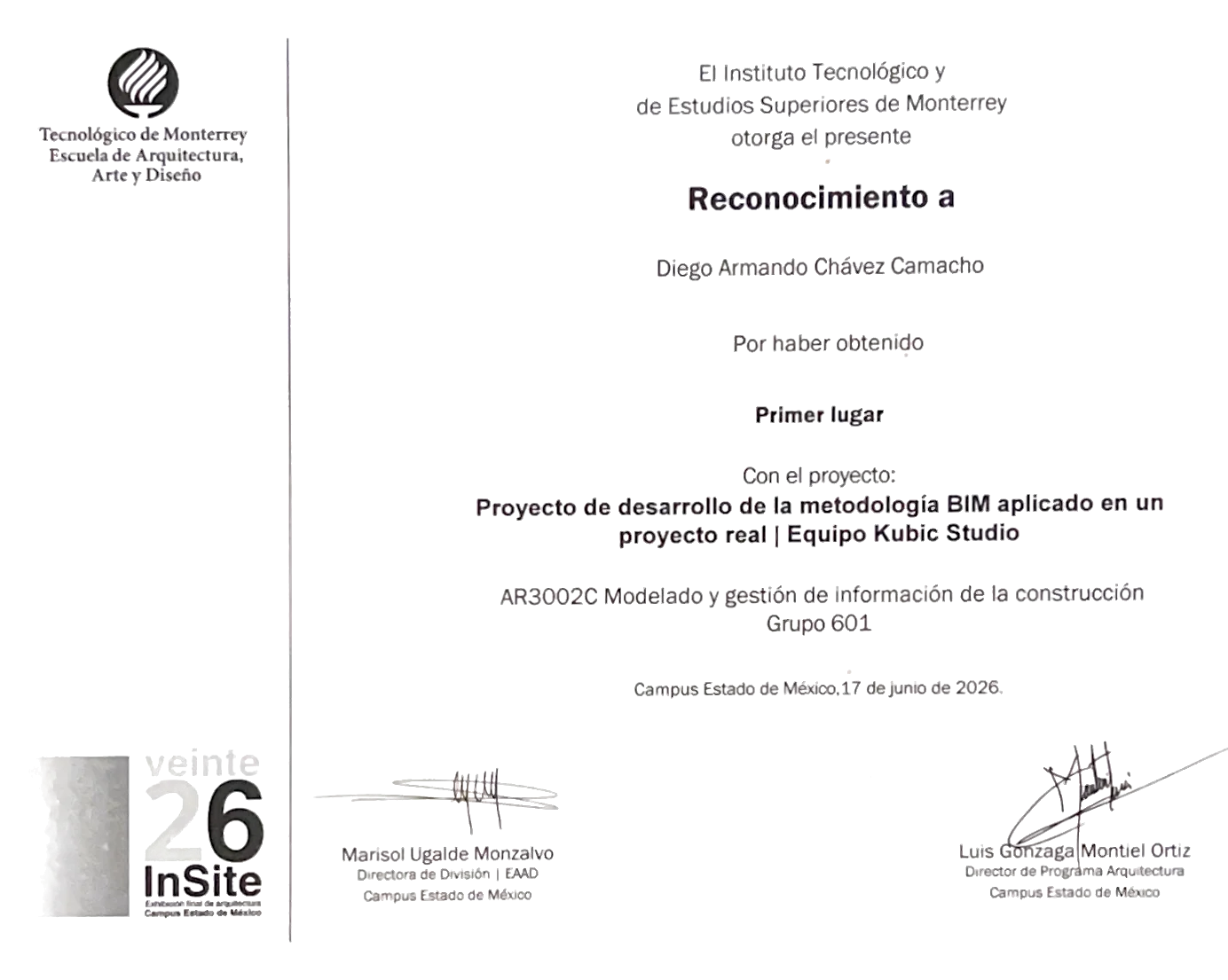 Diploma — Primer lugar · Proyectos BIM