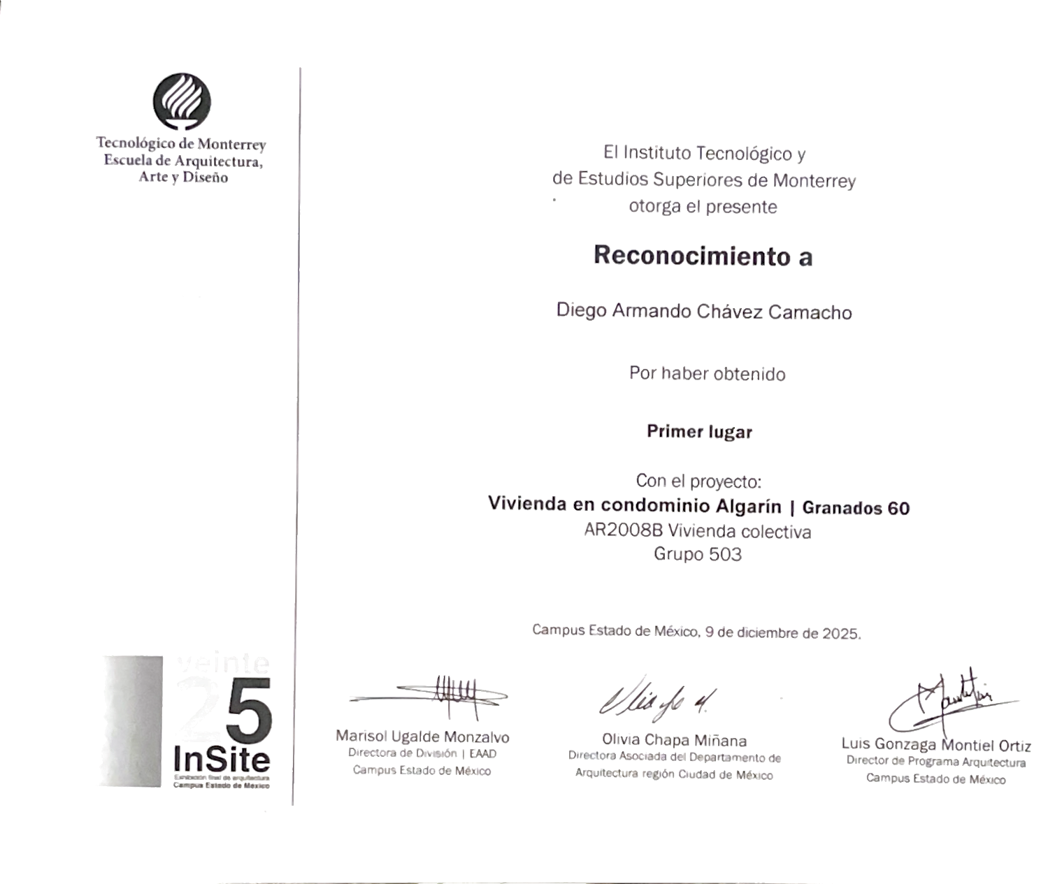 Diploma — Primer lugar · Granados 60