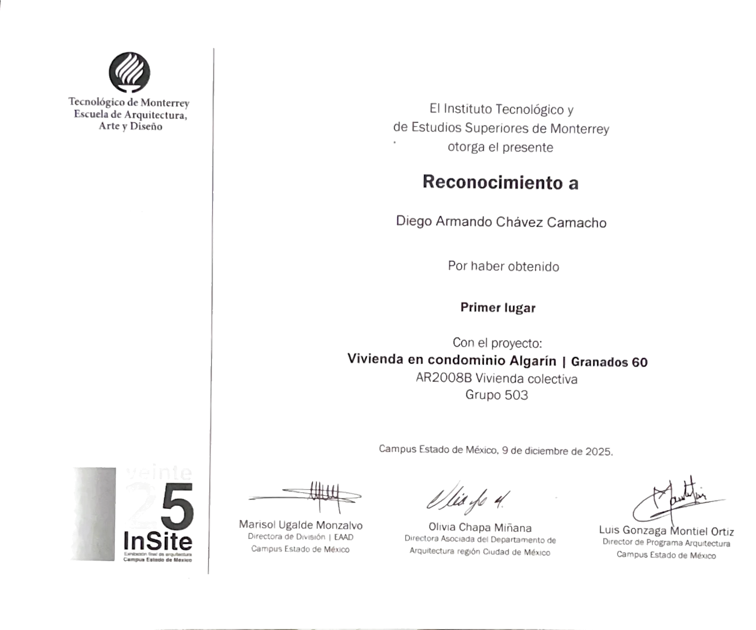 Diploma — Primer lugar · Granados 60