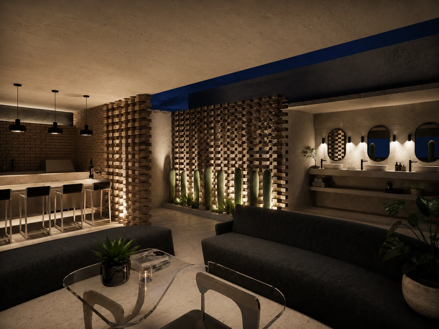 Meeting lounge · sala, bar y jardín de cactáceas