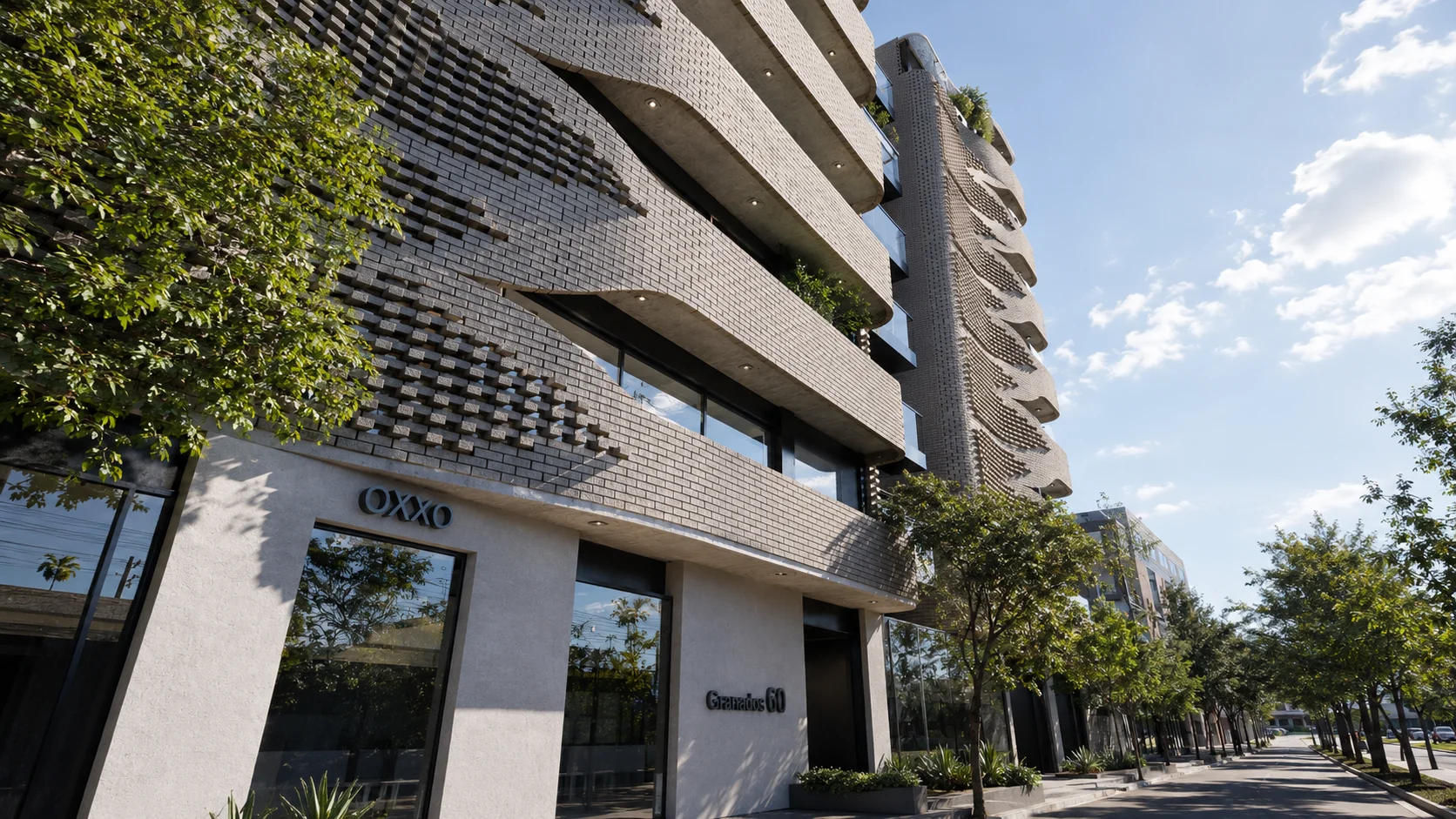 Fachada · acceso comercial y calle, día