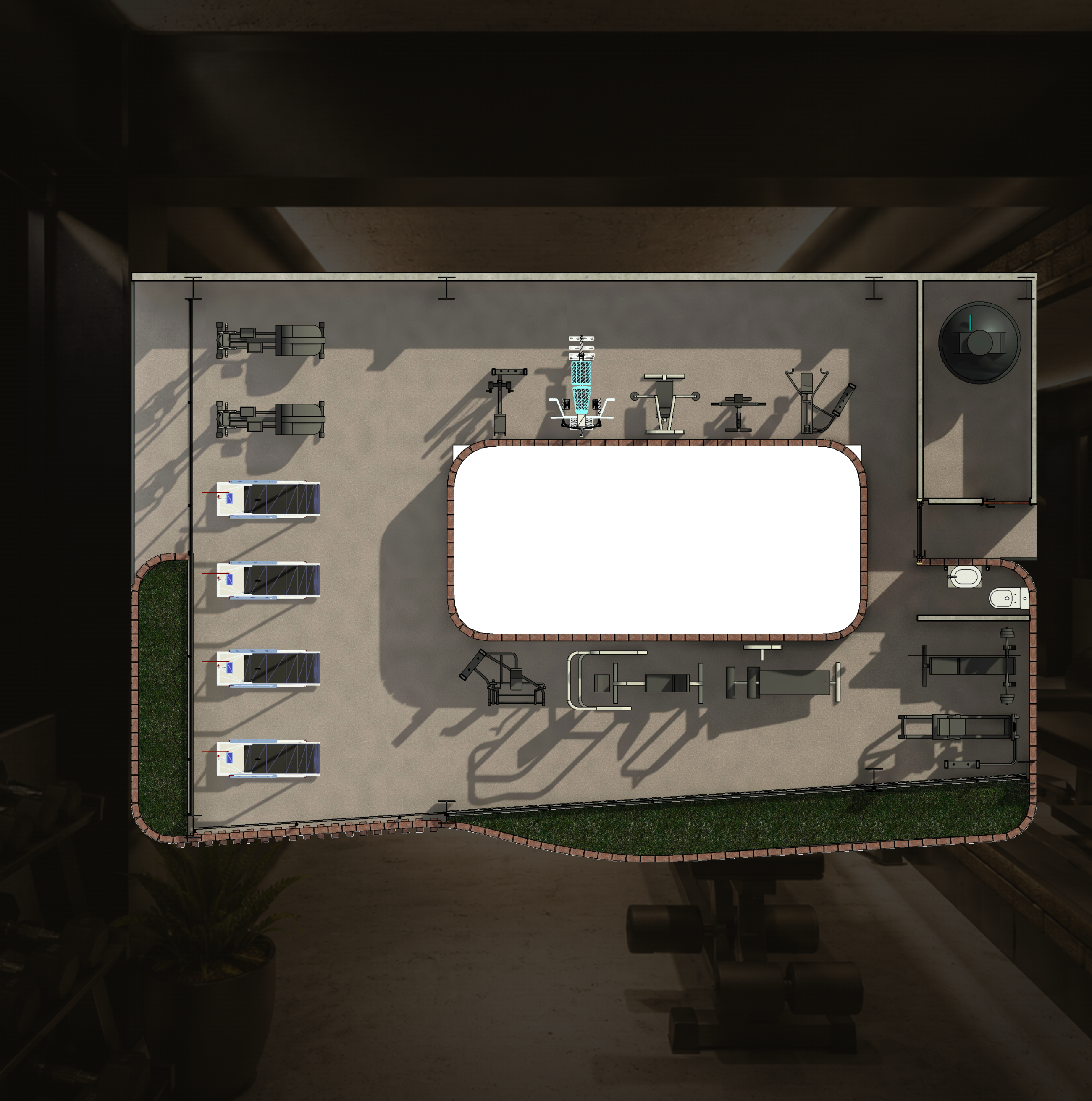 Gimnasio · planta sobre render