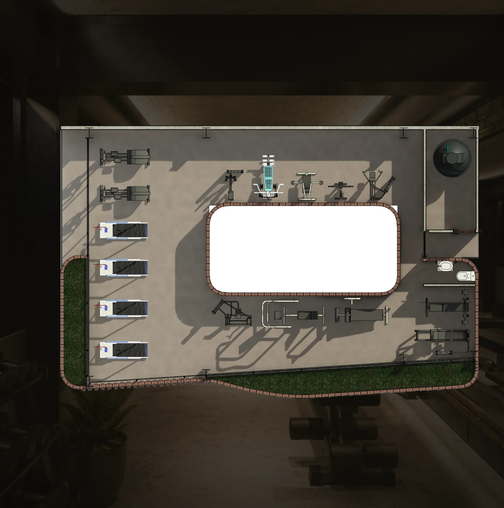 Gimnasio · planta sobre render