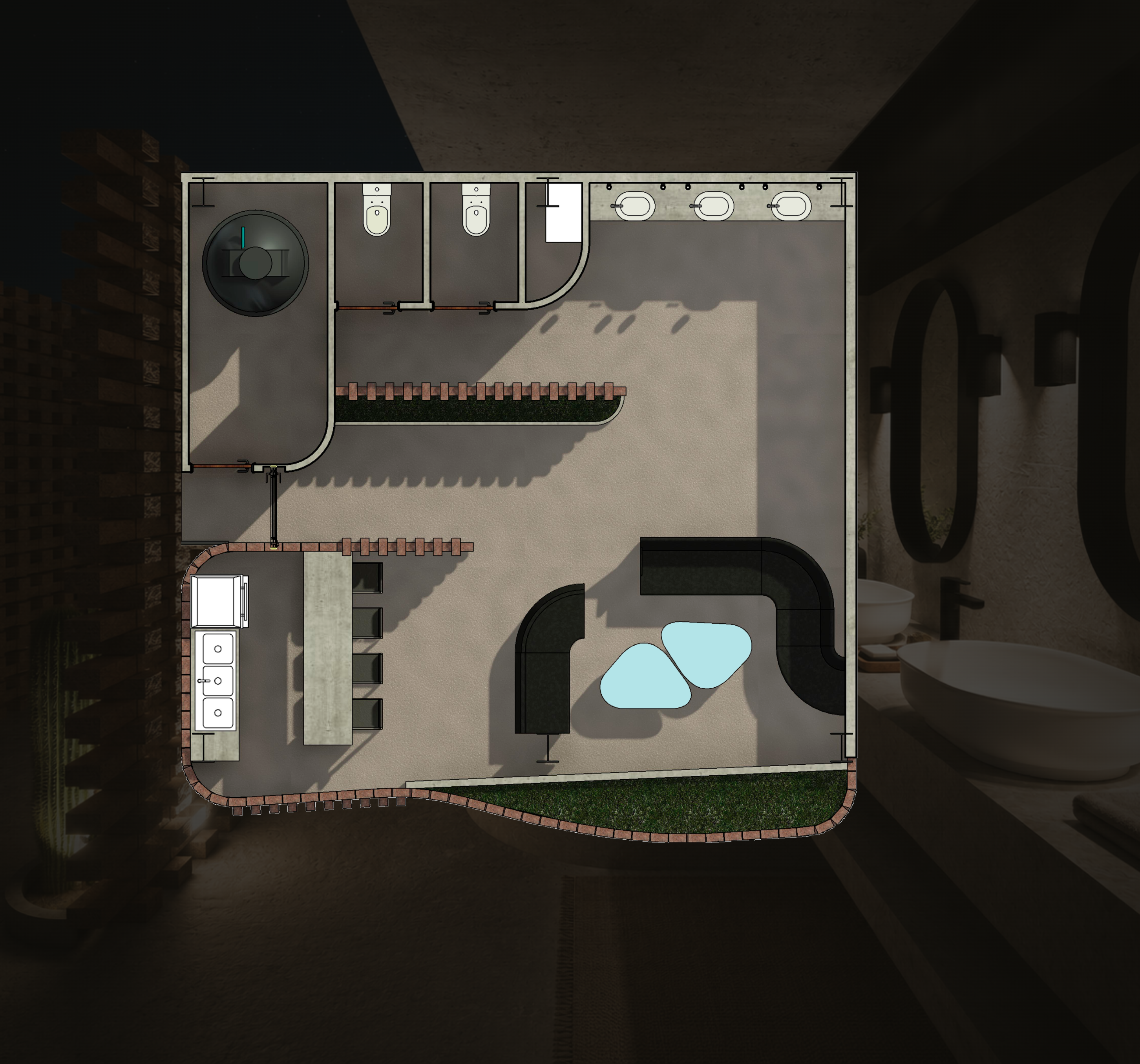 Rooftop · planta sobre render