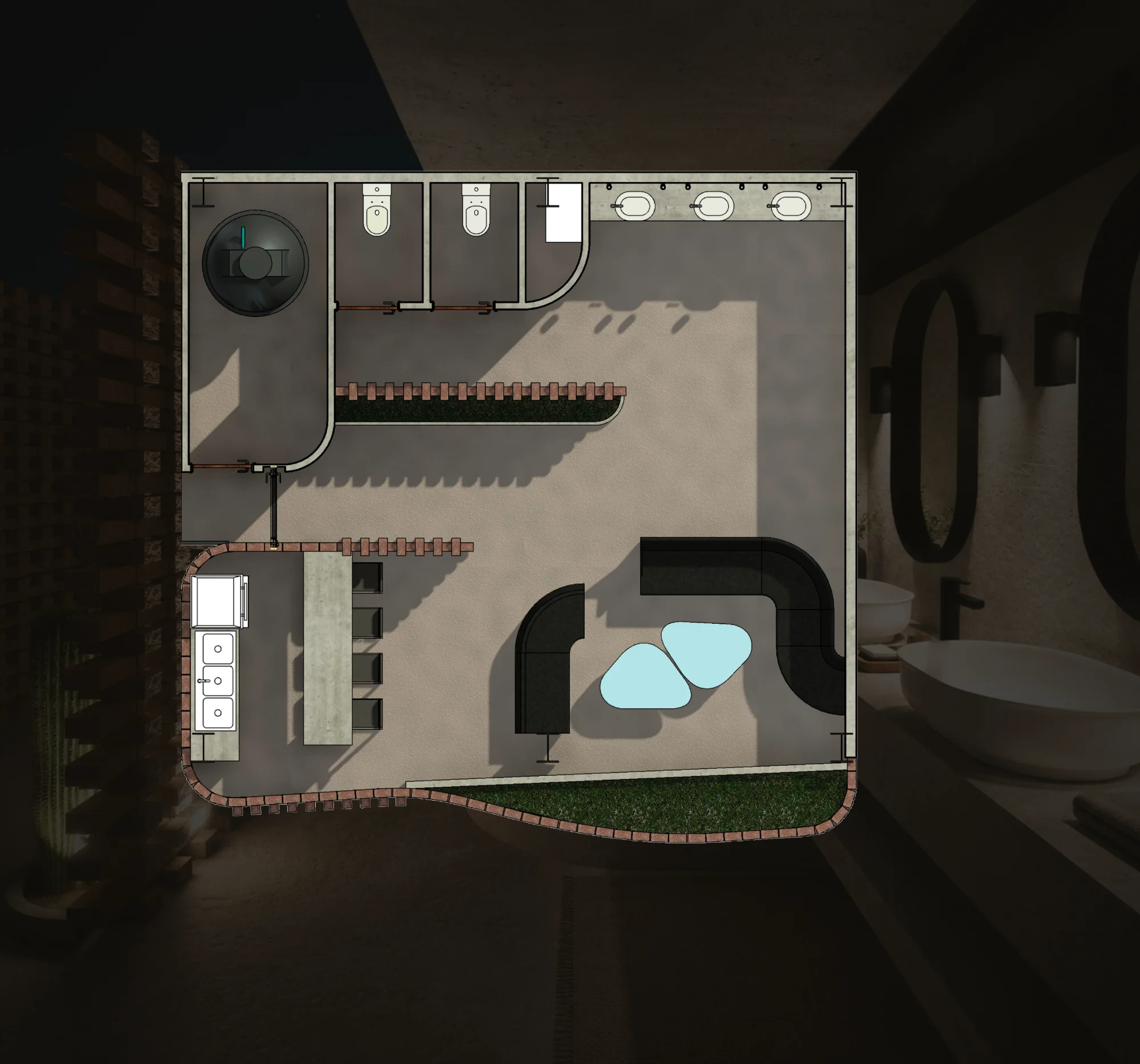 Rooftop · planta sobre render