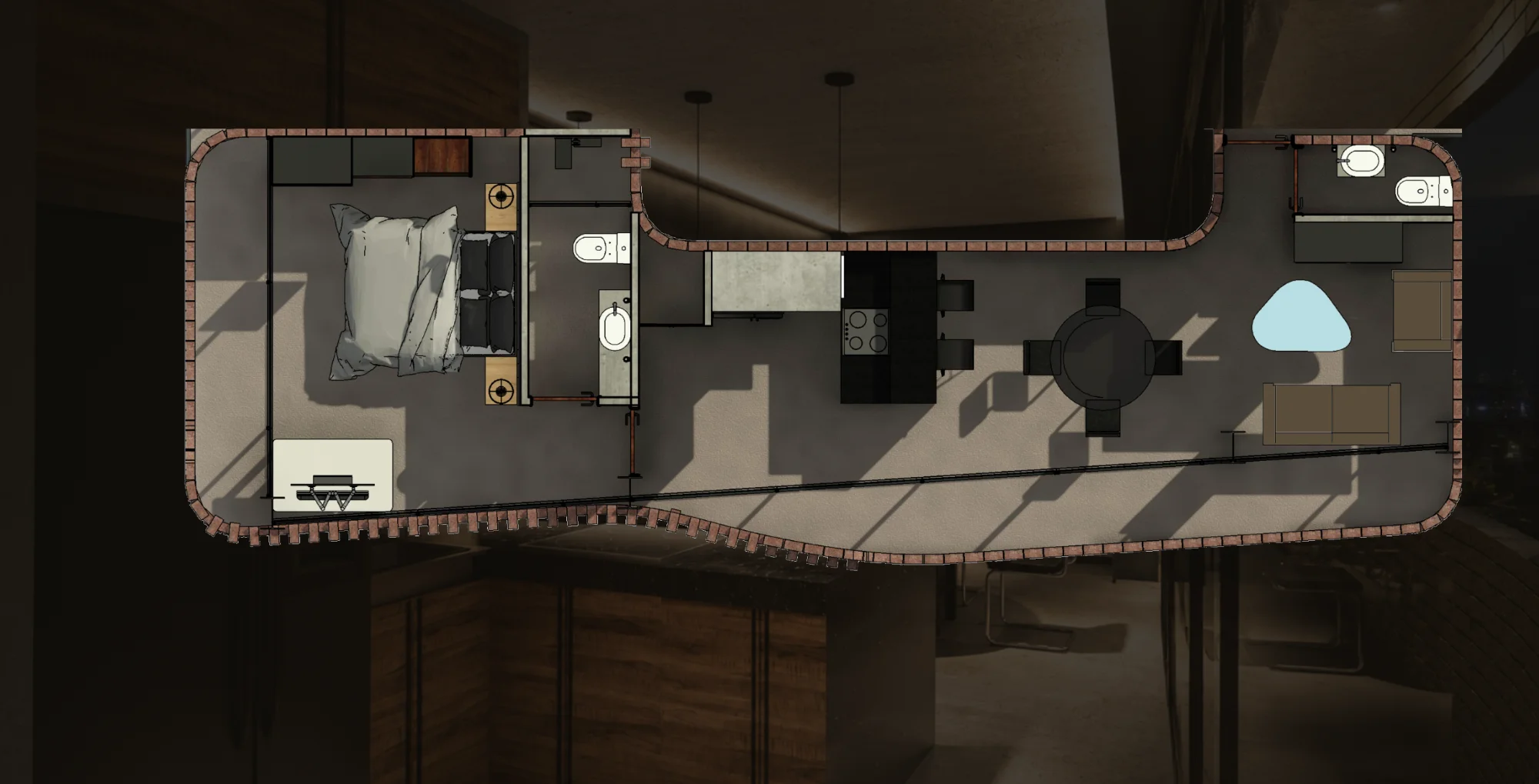 Tipología B · planta sobre render