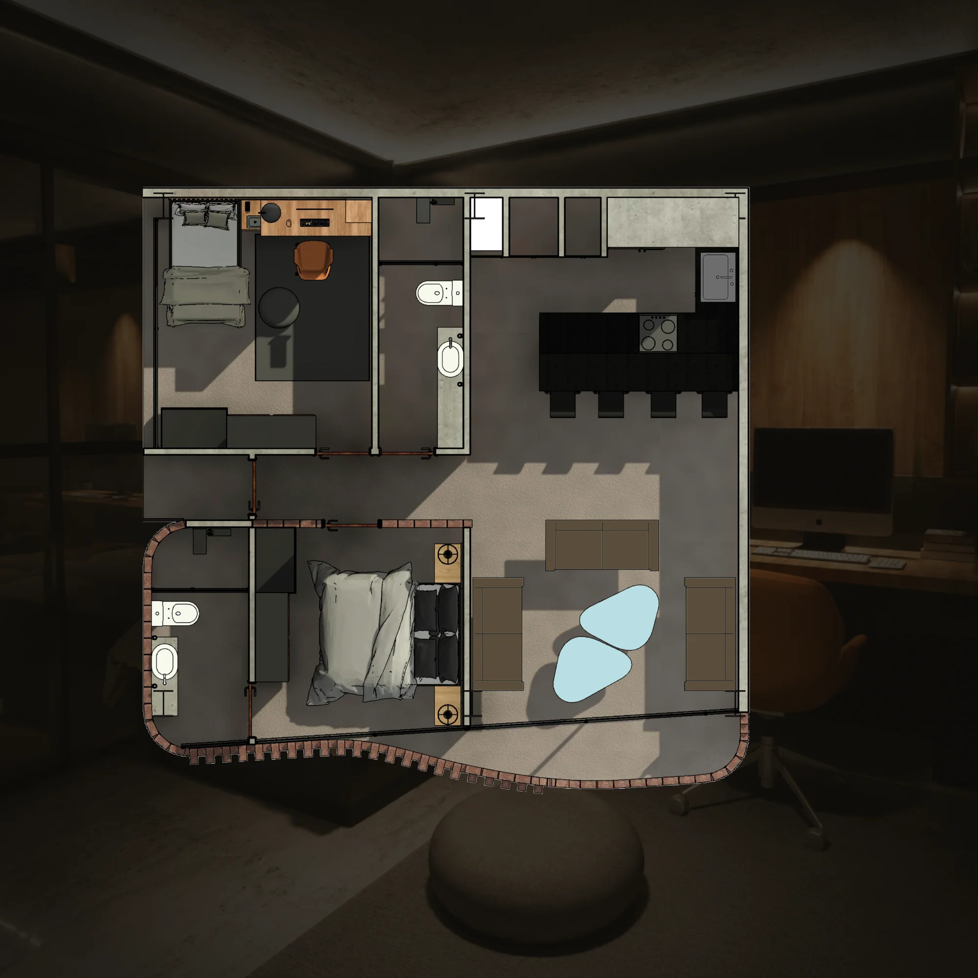 Tipología C · planta sobre render