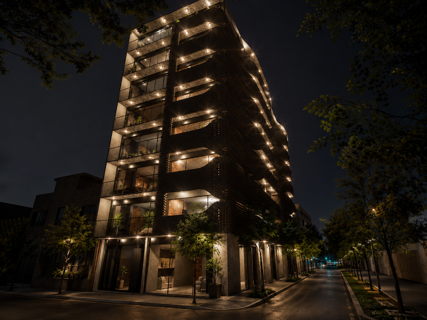 Fachada · torre, vista nocturna