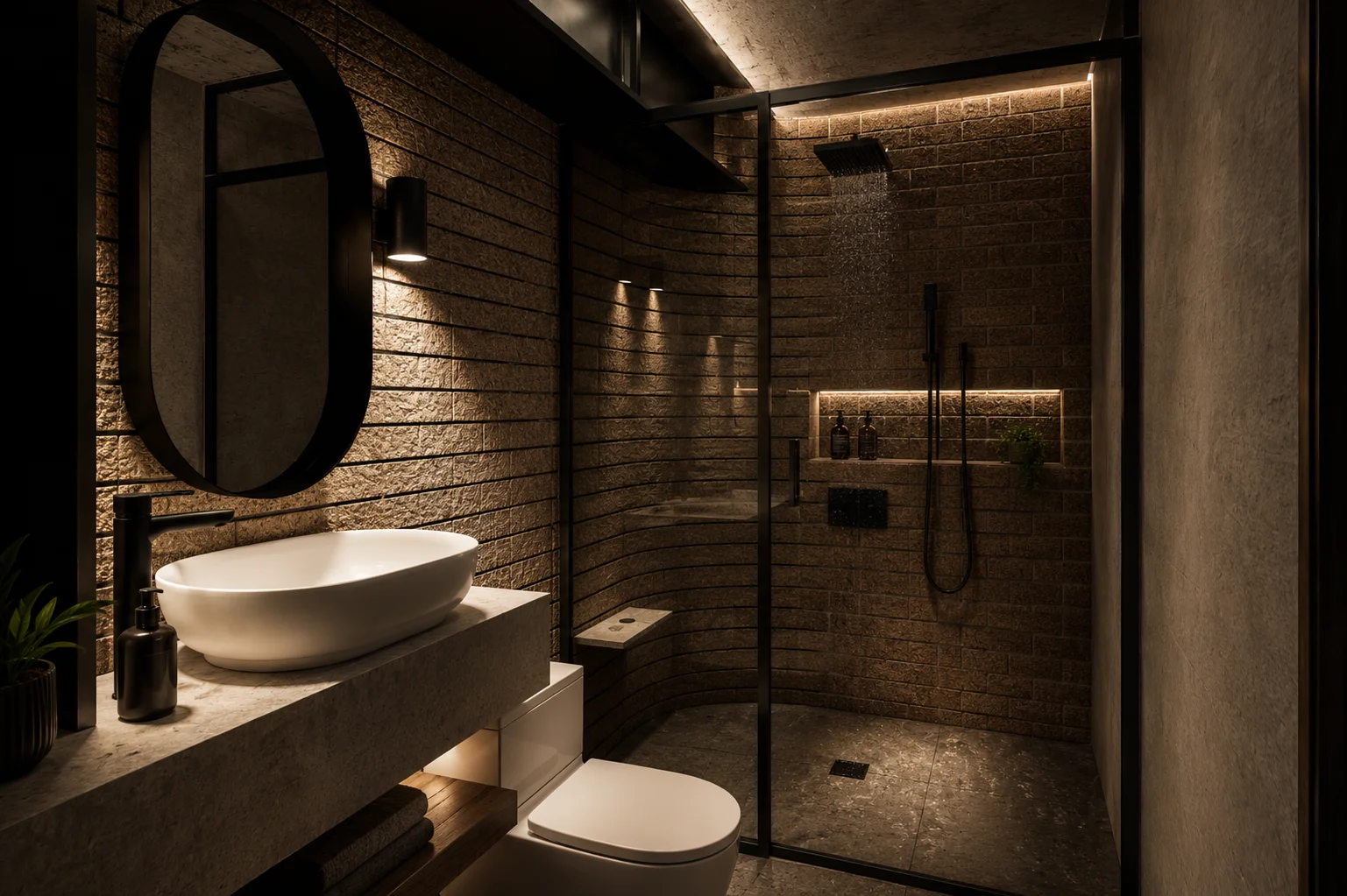 Baño · regadera y ladrillo aparente