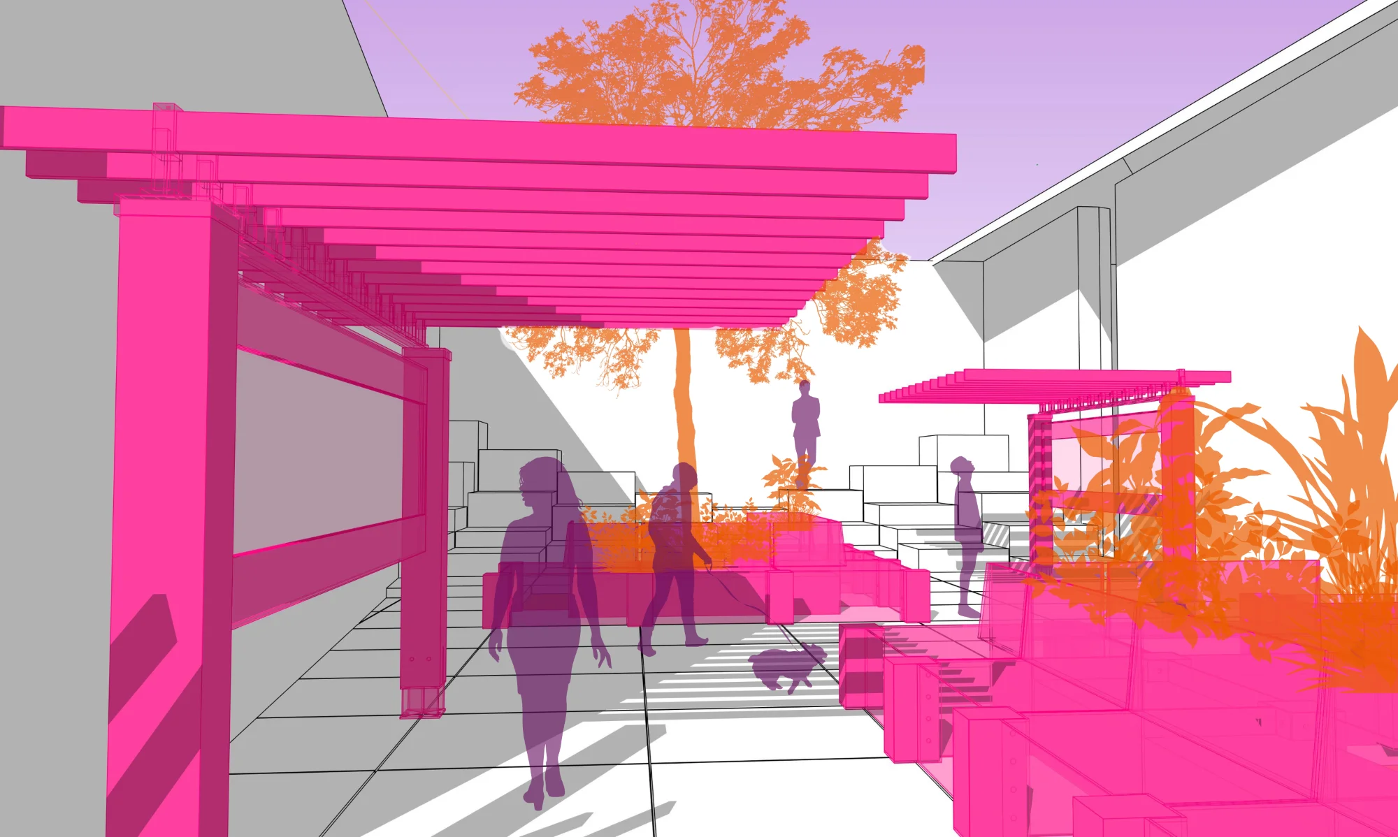 Recorrido peatonal bajo la pérgola
